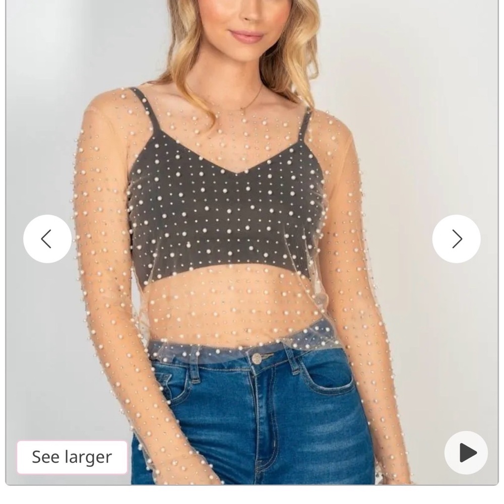 Women's White Birch Sheer Pearl Embellished Top